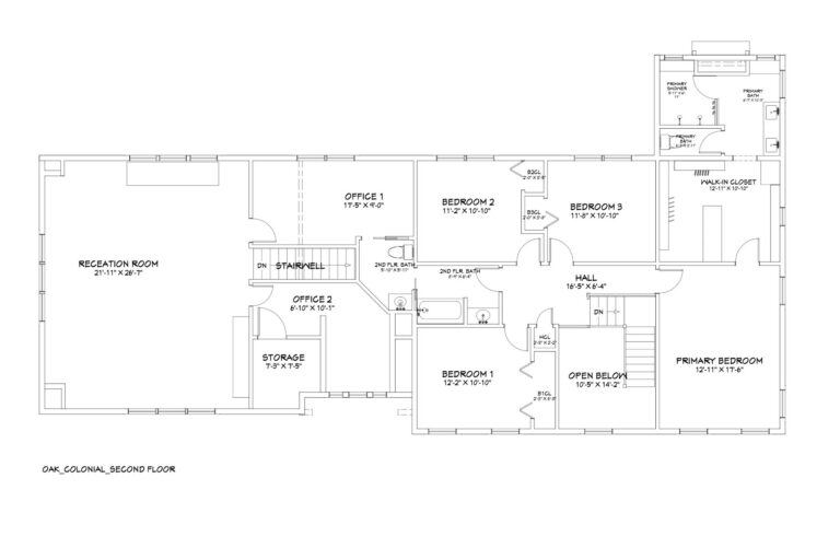 The image shows a detailed floor plan of the second floor of an Oak Colonial-style home. It includes several rooms such as a primary bedroom with an en suite bathroom and walk-in closet, three additional bedrooms, two more bathrooms, two offices, a recreation room, and a storage area. There are also labels for stairwells, a hallway, and an open area overlooking the floor below.