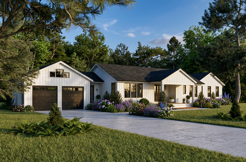 Contemporary ranch house exterior with simple roofline, oversized windows, and modern materials