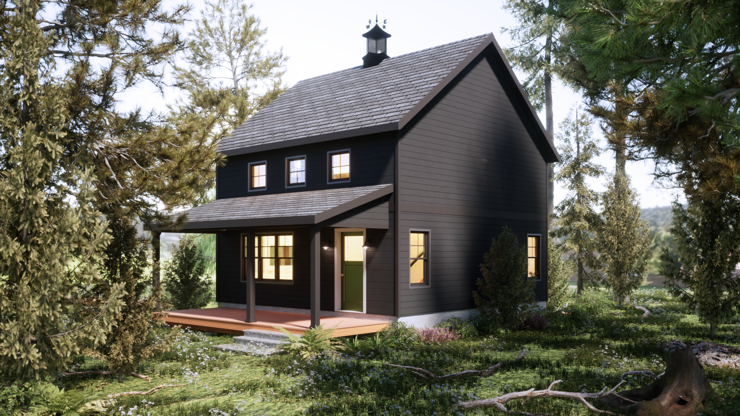 modern exterior front view with cozy porch