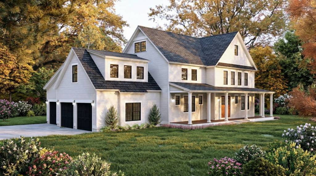 Farm house exterior with wood siding, large windows, and welcoming front porch