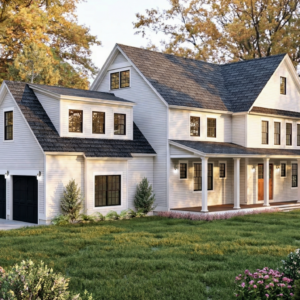 Linden Farmhouse House Plan Exterior Front with Garage
