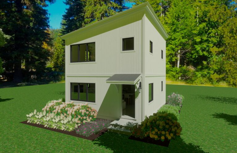 The image is a rendering of a two-story tiny home model surrounded by lush greenery. The home is modern in design, featuring light green siding and large windows that provide ample natural light. The entrance is sheltered under a small overhang, and the front yard is beautifully landscaped with a variety of flowering shrubs and plants, enhancing the quaint and eco-friendly appeal of the tiny home. This image is typically used to showcase the design and layout possibilities for those interested in small-scale, sustainable living.
